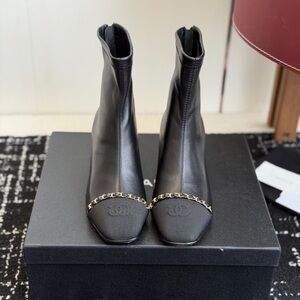 Chanel Black Leather Ankle Boots with Chain Detail